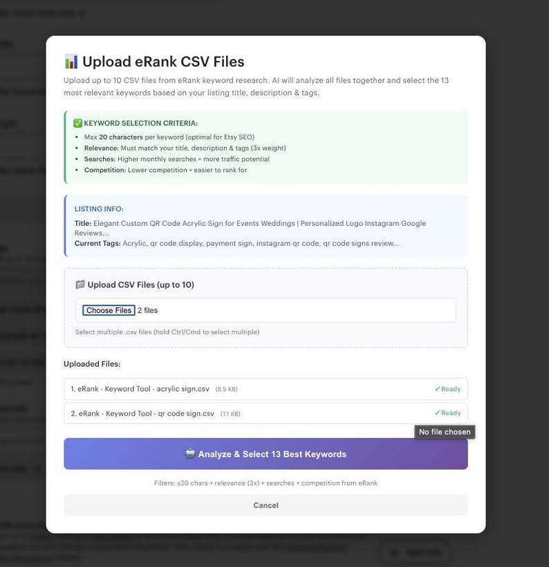 May include: Screenshot of a webpage titled "Upload eRank CSV Files." The page allows users to upload CSV files for keyword research. It includes keyword selection criteria, listing info, and an "Analyze & Select 13 Best Keywords" button.