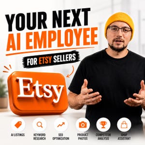 Może przedstawiać: Grafika cyfrowa z tekstem YOUR NEXT AI EMPLOYEE FOR ETSY SELLERS oraz pomarańczowym logo Etsy 3D. Poniżej znajduje się sześć okrągłych ikon z etykietami AI LISTINGS, KEYWORD RESEARCH, SEO OPTIMIZATION, PRODUCT PHOTOS, COMPETITOR ANALYSIS oraz SHOP ASSISTANT.