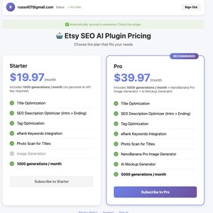 May include: A webpage displaying Etsy SEO AI Plugin Pricing. The page is divided into two sections: Starter and Pro. The Starter plan is $19.97 per month and the Pro plan is $39.97 per month. Both plans include various SEO features.