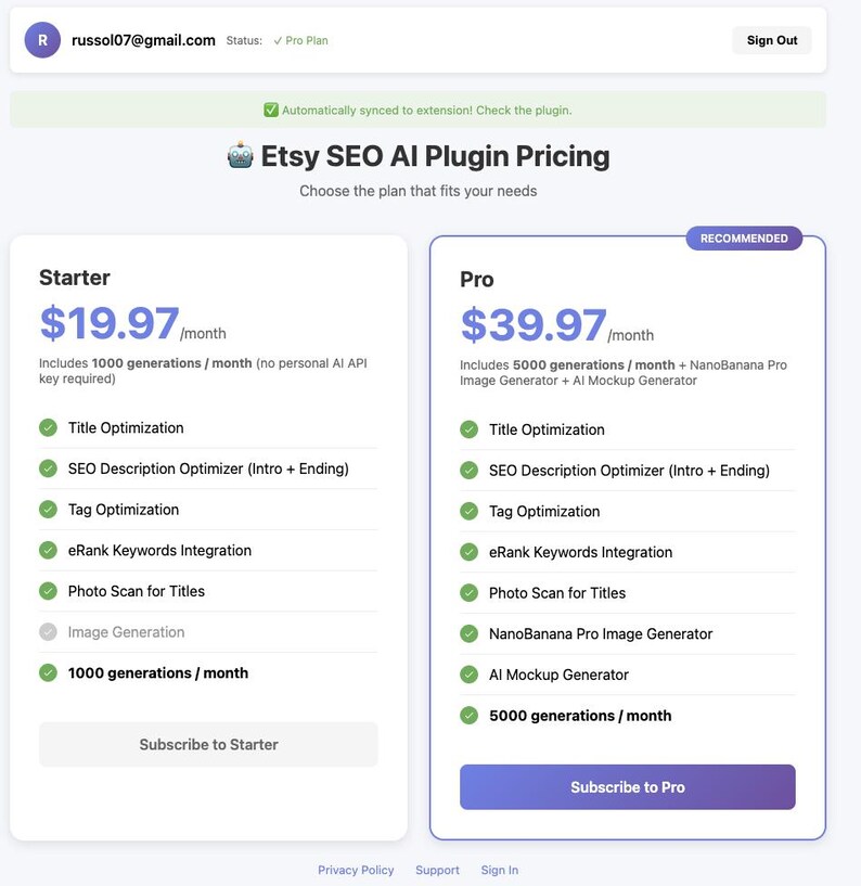 May include: A webpage displaying Etsy SEO AI Plugin Pricing. The page is divided into two sections: Starter and Pro. The Starter plan is $19.97 per month and the Pro plan is $39.97 per month. Both plans include various SEO features.