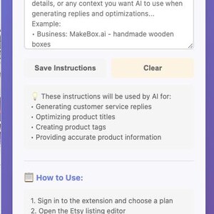 May include: Screenshot of a webpage with instructions for using an AI tool. The page includes sections for custom instructions, how the AI is used, and how to use the tool. The text includes "Optimize Title" and "MakeBox.ai".