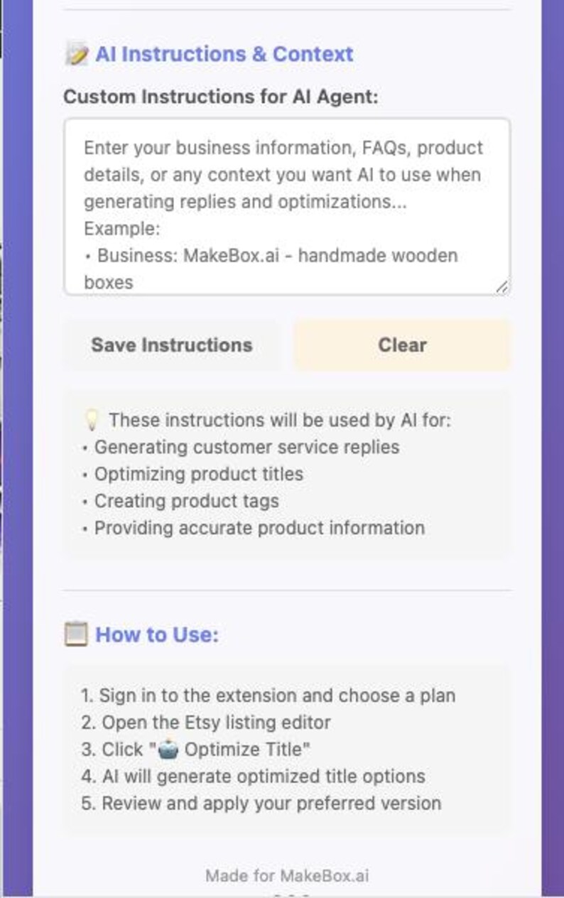 May include: Screenshot of a webpage with instructions for using an AI tool. The page includes sections for custom instructions, how the AI is used, and how to use the tool. The text includes "Optimize Title" and "MakeBox.ai".