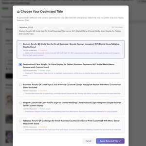 May include: A white pop-up window displays five title options for an Etsy listing. The original title is for a custom acrylic QR code sign for small businesses. The options include keywords like "Google Reviews" and "WiFi Menu".