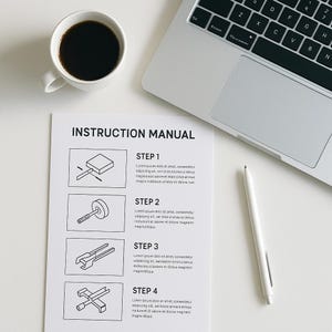 May include: A black and white instruction manual with four steps for assembling a product. Each step includes a simple line drawing of the product and a description of the process. The text includes the words "INSTRUCTION MANUAL", "STEP 1", "STEP 2", "STEP 3", and "STEP 4".
