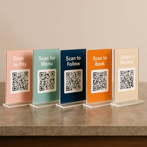 QR Code Stand for Business | Wedding QR Sign, Social Media Display, Wifi Code | Acrylic Tabletop Sign | Scan to Pay Template