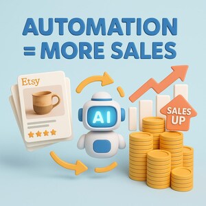 May include: An illustration with the text "AUTOMATION = MORE SALES". It features an Etsy listing for a mug, an AI robot, stacks of coins, and an upward trending graph with an arrow and the words "SALES UP".