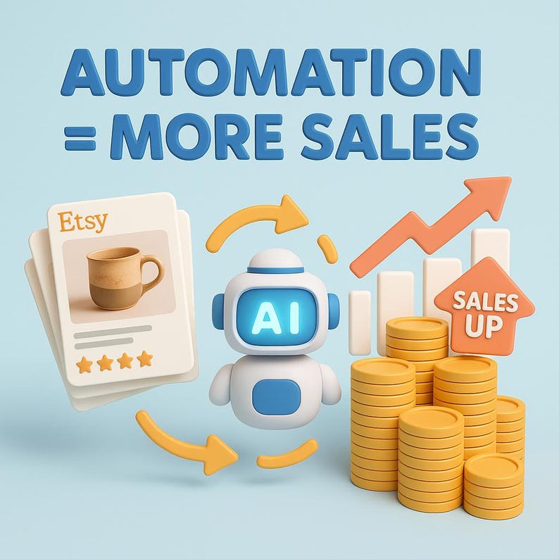 May include: An illustration with the text "AUTOMATION = MORE SALES". It features an Etsy listing for a mug, an AI robot, stacks of coins, and an upward trending graph with an arrow and the words "SALES UP".