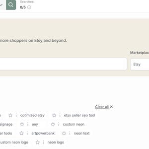 May include: Screenshot of an Etsy keyword tool interface. The page includes a search bar, search history, and a section titled "Your 13 Etsy Tags." The tags are listed in green boxes with white text. The top of the page has the text "Keyword Tool."