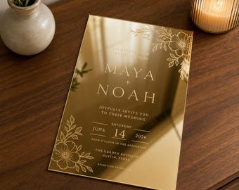 Mirror Acrylic Wedding Invitation, Engraved Gold or Silver 5x7 Custom Invite, Personalized Wedding Keepsake Card