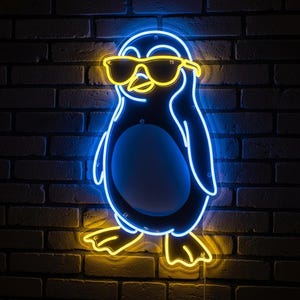 Neonowa sztuka ścienna z kreskówkowym pingwinem | Znak akrylowy LED z nadrukiem UV do pokoju dziecięcego, zabawny prezent na przyjęcie, wyjątkowa dekoracja świetlna do pokoju dziecięcego lub na imprezę