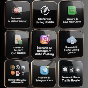 May include: Nine black square icons with gold trim, each displaying a graphic and text. The icons represent e-commerce automation scenarios, such as AI listing creation, Instagram auto-posting, and Etsy listing management.