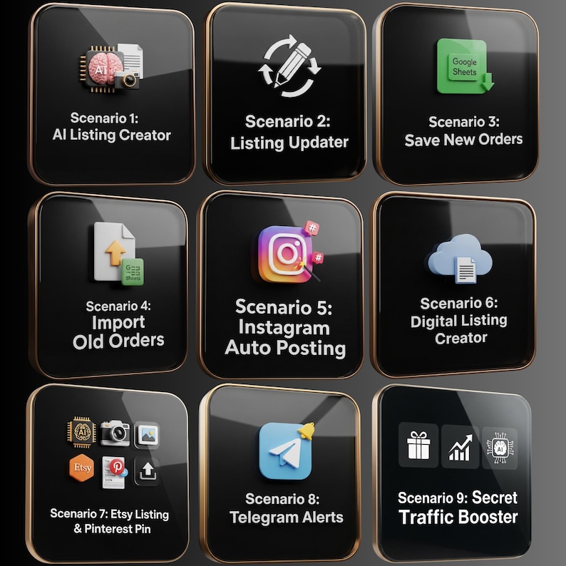 May include: Nine black square icons with gold trim, each displaying a graphic and text. The icons represent e-commerce automation scenarios, such as AI listing creation, Instagram auto-posting, and Etsy listing management.