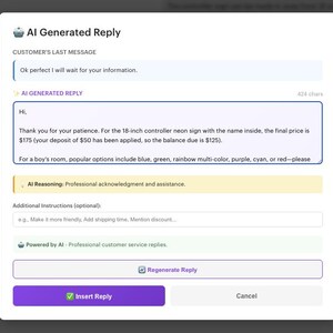 May include: Screenshot of a customer service interface. The text includes a message about an 18-inch neon sign, with color options like blue, green, and rainbow. The interface has buttons for reply and regeneration.