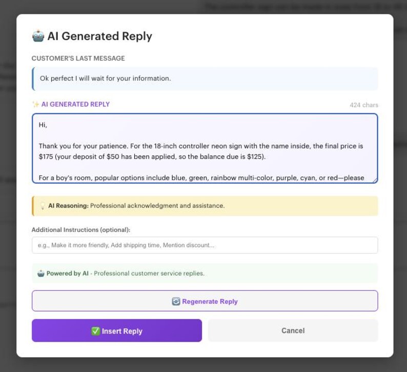 May include: Screenshot of a customer service interface. The text includes a message about an 18-inch neon sign, with color options like blue, green, and rainbow. The interface has buttons for reply and regeneration.