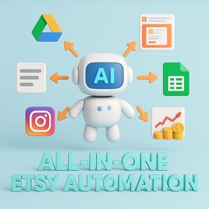 May include: A 3D illustration of a white robot with "AI" on its head, encircled by app icons. The image features the text "ALL-IN-ONE ETSY AUTOMATION" in turquoise lettering against a light blue backdrop.