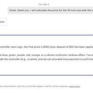 May include: Screenshot of an Etsy message thread discussing a custom 18-inch neon controller sign. The message mentions color options like blue, green, and purple, and the final price of $180.