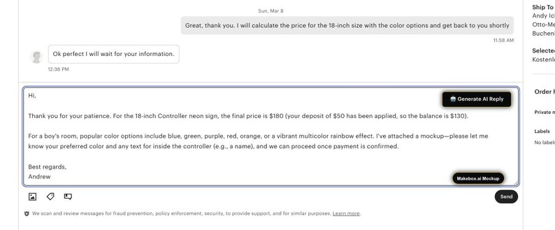 May include: Screenshot of an Etsy message thread discussing a custom 18-inch neon controller sign. The message mentions color options like blue, green, and purple, and the final price of $180.