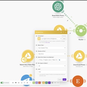 May include: A software interface screenshot showing Google Drive connection settings. The interface includes options for selecting a drive, folder, and file types. There are also several circular icons and text labels.