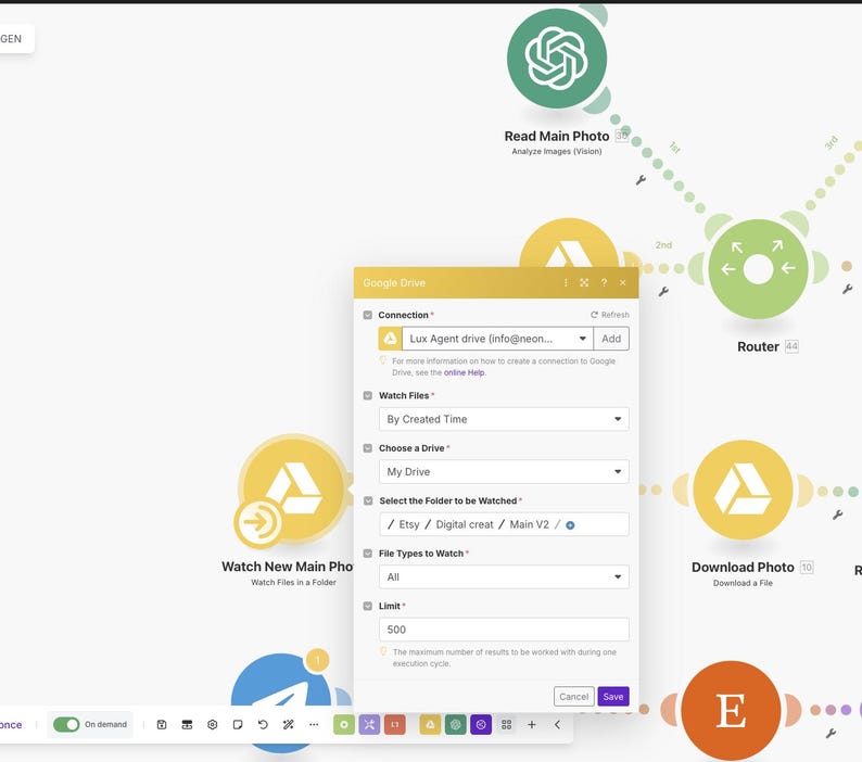 May include: A software interface screenshot showing Google Drive connection settings. The interface includes options for selecting a drive, folder, and file types. There are also several circular icons and text labels.