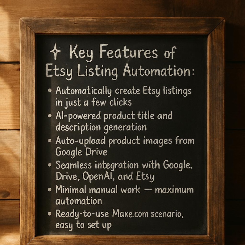 Rustic wooden chalkboard displaying key features of Etsy Listing Automation. Highlights include automatic Etsy listing creation, AI-powered product title and description generation, auto-uploading images from Google Drive, seamless integration with Google Drive, OpenAI, and Etsy, minimal manual work, and a ready-to-use scenario
