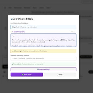 May include: Screenshot of a chat interface with an AI-generated reply. The text mentions an 18-inch controller neon sign with color options including blue, green, turquoise, and purple. The interface includes buttons for reply actions.