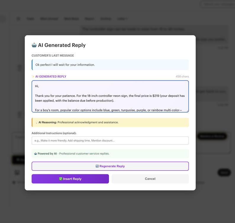 May include: Screenshot of a chat interface with an AI-generated reply. The text mentions an 18-inch controller neon sign with color options including blue, green, turquoise, and purple. The interface includes buttons for reply actions.