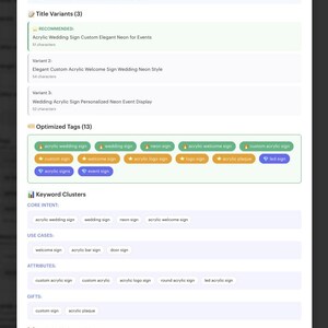 May include: A webpage displaying AI SEO optimization results for wedding and event neon signs. The page includes title variants, optimized tags, keyword clusters, and excluded keywords. The product category is elegant.