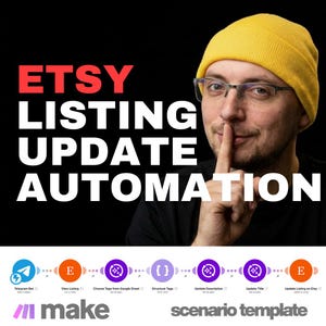 Può includere: Immagine che promuove l'automazione degli annunci Etsy. Il testo "ETSY LISTING UPDATE AUTOMATION" è in bianco e rosso. Un uomo con occhiali e un berretto giallo fa un gesto di silenzio. Sotto, un diagramma mostra il processo.