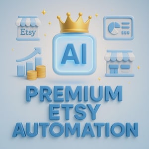 Op de afbeelding: Een 3D-illustratie met een gouden kroon boven een blauw vierkant met "AI". Etsy winkel-iconen, grafieken en de tekst "PREMIUM ETSY AUTOMATION" in blauw. Lichtblauwe achtergrond met sterren, digitaal marketing thema.