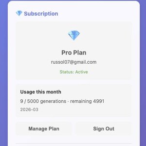 May include: A digital interface for Etsy Optimizer, an AI seller assistant. The screen displays a subscription overview, including the Pro Plan, email address, and usage details. Buttons for managing the plan and signing out are visible. The interface is set against a gradient blue background.
