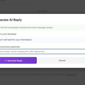 May include: A white interface with the text "Generate AI Reply". The interface includes a text box for additional instructions and a purple button labeled "Generate Reply". The customer's last message is displayed.