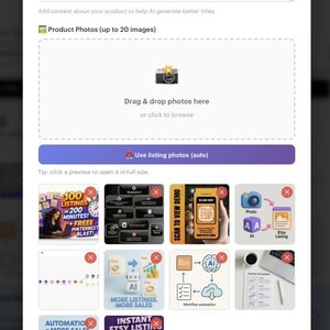 May include: Screenshot of an Etsy listing tool interface. The page includes sections for uploading product photos, adding a short description, and generating a title. Several example images are displayed below.