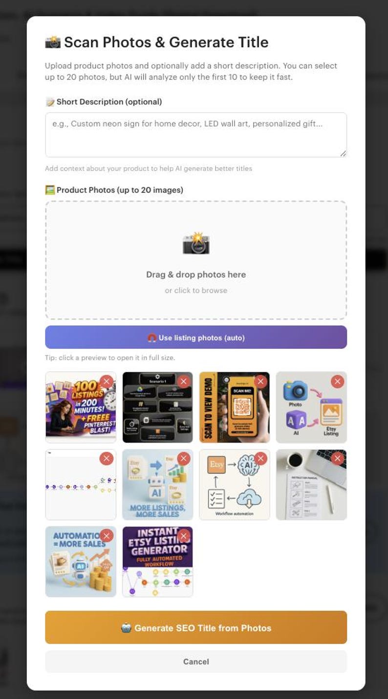 May include: Screenshot of an Etsy listing tool interface. The page includes sections for uploading product photos, adding a short description, and generating a title. Several example images are displayed below.