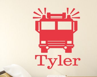 Personalized Firetruck With Custom Name Fire Man themed bedroom Fire Engine Boys Girls Room Decal Vinyl Wall Lettering Fire Truck  -C-127