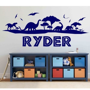 Personalized Dinosaur Scene Wall Decal Vinyl Wall Lettering landscape Pre-Historic Scene Boys Custom Name Dinosaur Themed Room Decor-C-135