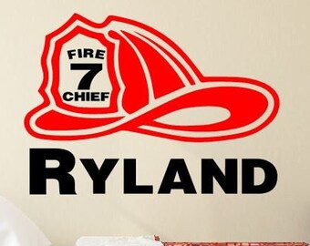 Personalized Fireman Hat Vinyl Wall Decal, Firetruck Room Decor