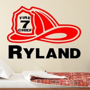 Personalized Fireman Hat with Custom Name Firetruck Themed Room Fire Truck Wall Decal Vinyl Wall Lettering Wall Quote Fireman Sticker-C-110