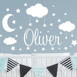 Personalized Nursery  Name Stars Moon Cloud Baby Boy Girl Moon Stars Clouds Nursery  Boy Girl Custom Name Vinyl Wall Lettering-C-141