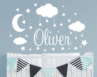 Personalized Nursery  Name Stars Moon Cloud Baby Boy Girl Moon Stars Clouds Nursery  Boy Girl Custom Name Vinyl Wall Lettering-C-141