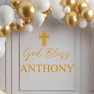 Baptism Decal  Baptism Party Backdrop Christening Personalized Name & Cross Wall Decal for Balloon Arch God Bless Decal Baby Shower Chiara