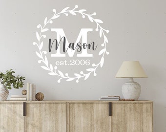 Wreath Decal Family Monogram Decal Personalized Family Last Name  Custom Vinyl Wall Lettering Circle Wreath-H-140