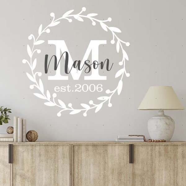 Wreath Decal Family Monogram Decal Personalized Family Last Name  Custom Vinyl Wall Lettering Circle Wreath-H-140