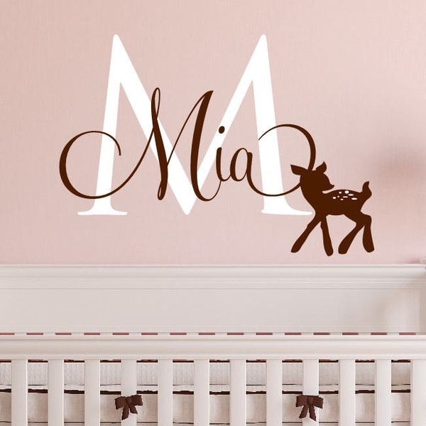 Personalized Nursery Name and Initial Fawn Deer Forest Themed Room Vinyl Wall Decal Vinyl Wall Lettering Monogram Custom Name Vinyl -C-116