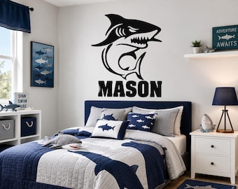 Personalized Shark Wall Decal Custom Name Lettering For Walls Quote Vinyl Wall Lettering For Boy Girl Teen Bedroom Shark Decor Sticker-C-108