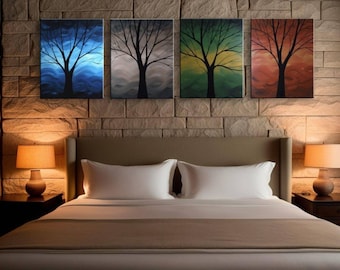 Four Seasons Tree Painting: Abstract Colorful Canvas Wall Art