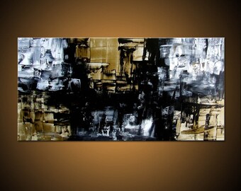 Gold Mine - Original hand painted Fine Art - Black White Gold Abstract Painting - Ships Immediately