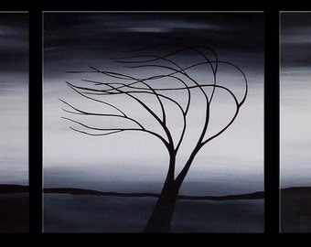 New Moon - Hand Painted Original Artwork -- Black and White Tree Landscape