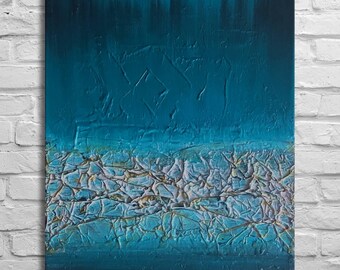 May include: Abstract textured painting in shades of teal and blue. The upper portion features a darker, more solid hue, transitioning to a textured, lighter blue section. The bottom has a textured, crumpled appearance with hints of gold.