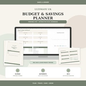 Op de afbeelding: Een digitale budget- en spaarplanner-set met een Sage & Ledger-dashboard op een computerscherm, een printbaar PDF-document en een interactief Excel-werkboek. Het ontwerp gebruikt een saliegroen en crèmekleurig palet met Britse valuta.