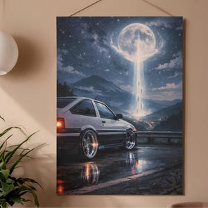 Celestial Moon Beam AE86 Print – JDM Night Car Art, Japanese Mountain Poster (Digital Download)
